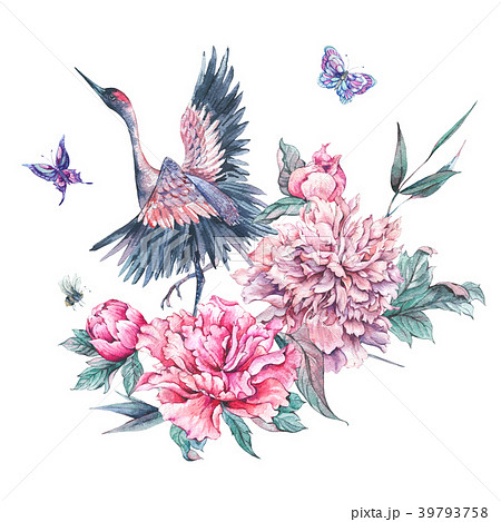Watercolor nature card with crane and pink peonies Watercolor nature card with crane and pink peonies 39793758