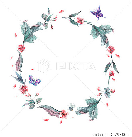 Watercolor floral spring round frameのイラスト素材 [39793869] - PIXTA