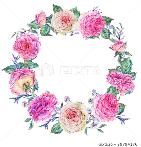 Nature watercolor round wreath with roses 39794176