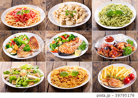 various plates of meat, fish and chicken various plates of meat, fish and chicken 39795176