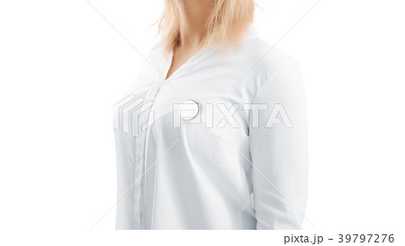 Blank white round silver lapel badge mock up woman 39797276