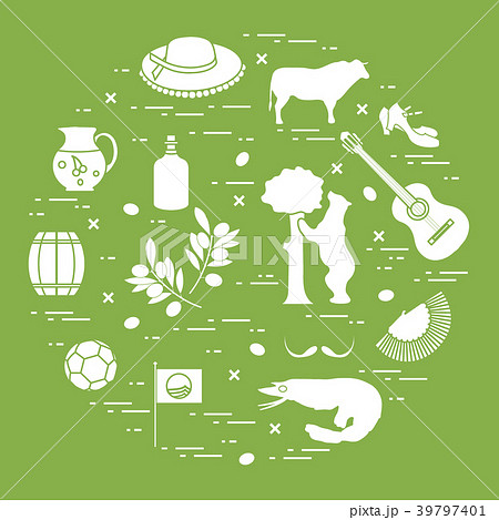 various symbols of Spain arranged in a circle 39797401