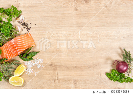 Fresh salmon fish fillet herbs spices Seafood 39807683