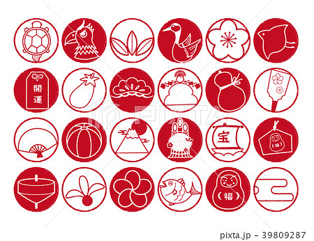 縁起物素材 丸枠 紅白 整列 39809287