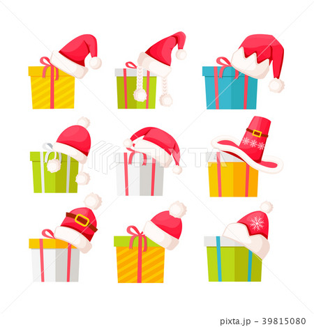 Set of Gift Boxes with Santa Claus Caps on White 39815080