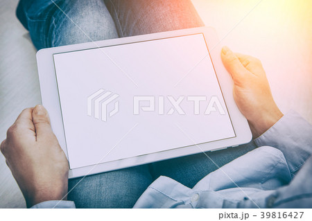 Tablet white background holding woman concept. Tablet white background holding woman concept. 39816427