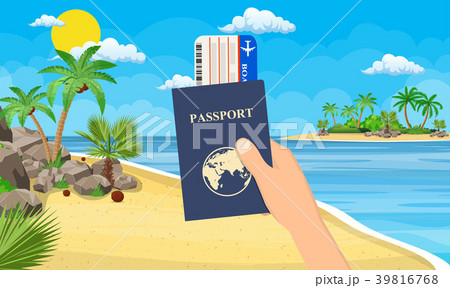 Passport and airplane ticket in hand. 39816768