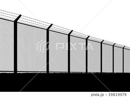 有刺鉄線フェンスのシルエットのイラスト素材
