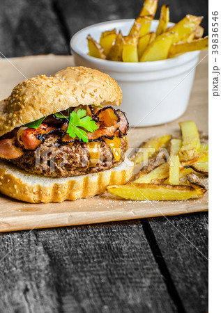 Beef burger with bacon, cheddar, homemade fries 39836546