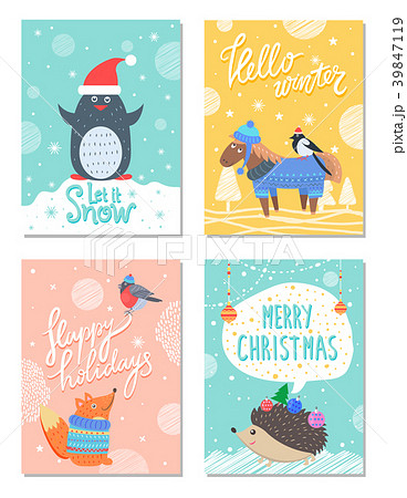 Let It Snow Hello Winter 60s Colorful Postcardのイラスト素材