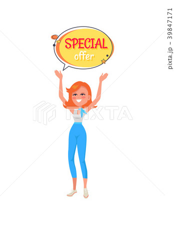 Woman Holding in Hands Sticker with Special Offer 39847171
