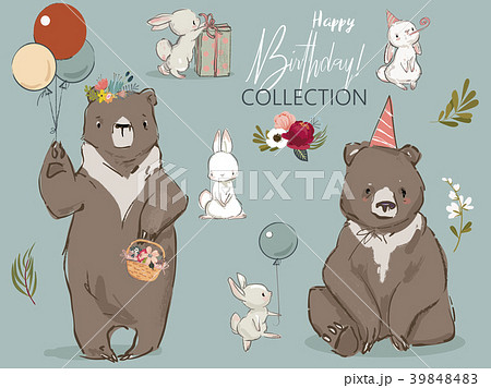 cute birthday hares and bear collection 39848483
