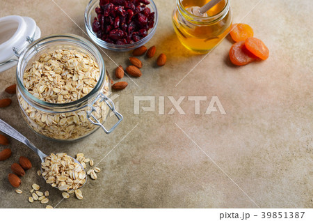 Ingredients for homemade oatmeal granola. Ingredients for homemade oatmeal granola. 39851387