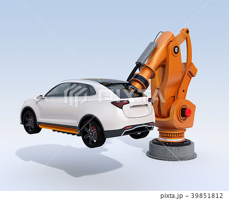 水色背景に白色SUVを運搬する大型産業ロボットのイメージ。スマート工場のコンセプト 水色背景に白色SUVを運搬する大型産業ロボットのイメージ。スマート工場のコンセプト 39851812