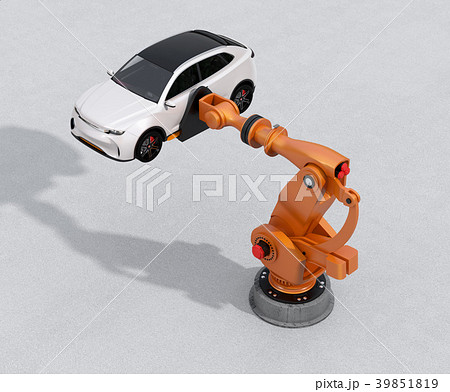 白色SUVを運搬する大型産業ロボットのイメージ。スマート工場のコンセプト 39851819