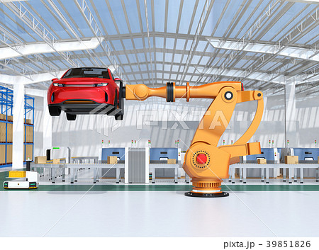 スマート工場を背景に赤色suvを運搬する大型産業ロボットのイメージ 第4次産業革命のコンセプトのイラスト素材