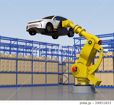 スマート工場を背景に白色suvを運搬する大型産業ロボットのイメージのイラスト素材