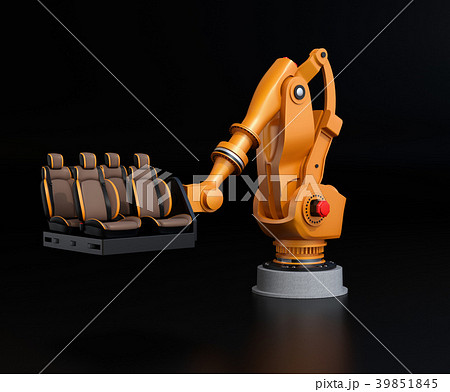 黒バックに自動車用シートを運搬する大型産業ロボットのイメージ 39851845