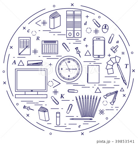 Set of different office objects arranged in a Set of different office objects arranged in a 39853541