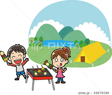 キャンプ場でバーベキューをする子供たちのイラスト素材のイラスト素材