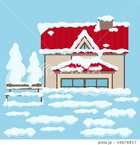 House with Red Roof and Bench near under Snow 39878857