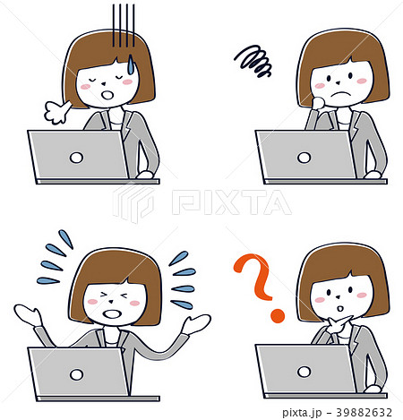 かわいい線画のおかっぱビジネスウーマン パソコン操作4セット ネガティブのイラスト素材