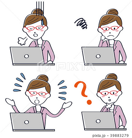 かわいい線画の眼鏡ビジネスウーマン パソコン操作4セット ネガティブのイラスト素材 3979
