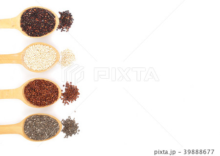 Black red white quinoa and chia seeds in wooden Black red white quinoa and chia seeds in wooden 39888677