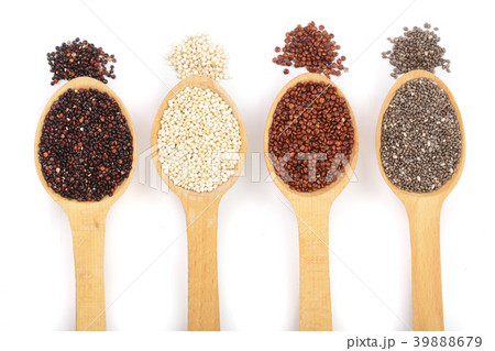 Black red white quinoa and chia seeds in wooden Black red white quinoa and chia seeds in wooden 39888679
