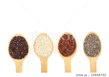 Black red white quinoa and chia seeds in wooden 39888760