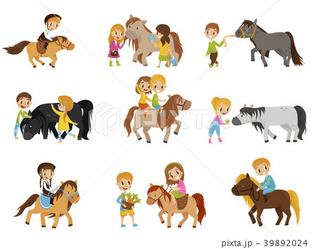 Funny little kids riding ponies and taking care of 39892024