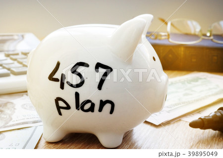 Retirement plan. 457 plan written on piggy bank. 39895049
