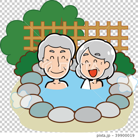 露天風呂 温泉に入る老夫婦のイラスト素材のイラスト素材