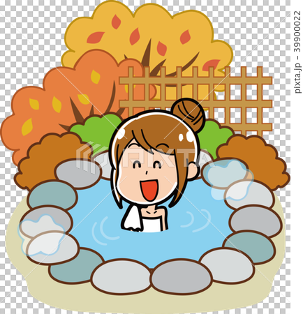 露天風呂・温泉に入る女性のイラスト素材(秋) 露天風呂・温泉に入る女性のイラスト素材(秋) 39900022
