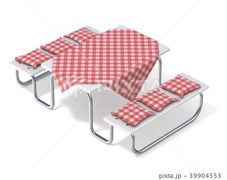 Picnic table with red table cover and pillows. 3D Picnic table with red table cover and pillows. 3D 39904553