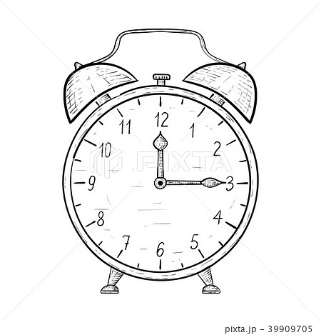 Retro alarm clock. Hand drawn sketch. Quarter past Retro alarm clock. Hand drawn sketch. Quarter past 39909705