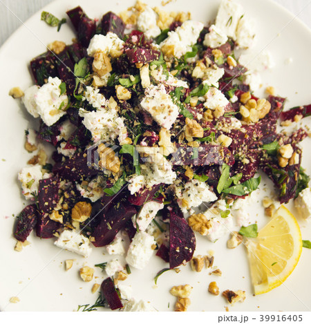 Beetroot salad with cottage cheese and walnuts. Beetroot salad with cottage cheese and walnuts. 39916405