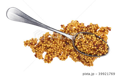 French mustard with spoon isolated on white background. Top view 39921769