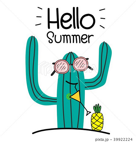 Hello Summer Concept With Fun Cactus And Pineappleのイラスト素材
