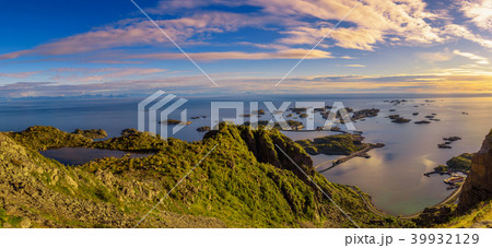 View from mount Festvagtinden above the village of Henningsvaer in Norway 39932129