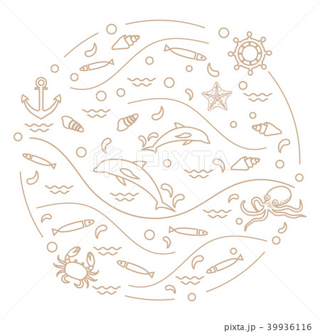 dolphins, octopus, fish, anchor, helm, waves, 39936116