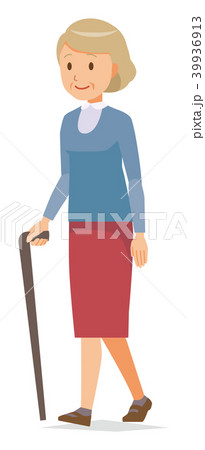 青い服を着た高齢女性が杖をついて歩いているのイラスト素材
