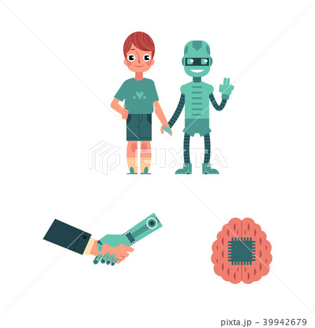 Set of artificial intelligence images of handshake of human with robot and little boy with machine 39942679