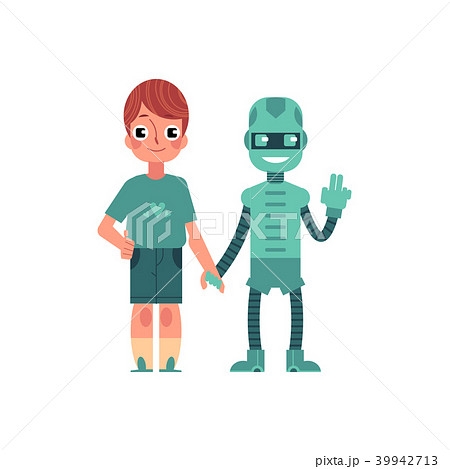 Artificial intelligence image of boy and his robotic friend holding each other hands. 39942713