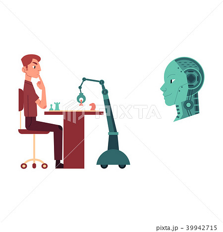 Set of artificial intelligence images of man and robot playing chess and machine head with chips. 39942715