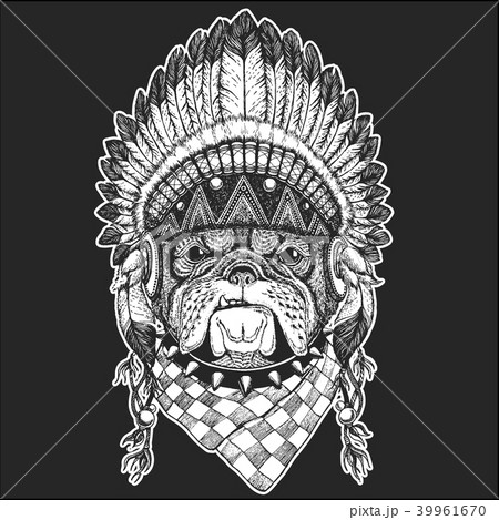 Bulldog Cool animal wearing native american indian headdress with feathers Boho chic style Hand 39961670