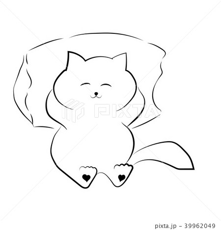 Vector Black Outline Drawing Cute Fat Cat Lying のイラスト素材