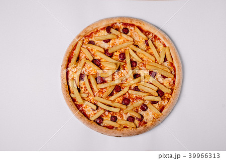Pizza with smoked sausages and french fries 39966313