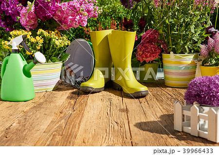 Gardening tools and flowers on the terrace Gardening tools and flowers on the terrace 39966433