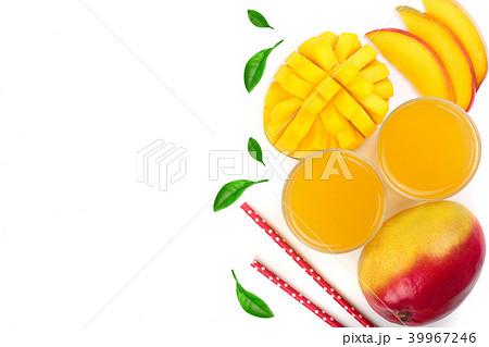 Mango juice and fruit isolated on white background with copy space for your text. Top view. Flat lay Mango juice and fruit isolated on white background with copy space for your text. Top view. Flat lay 39967246